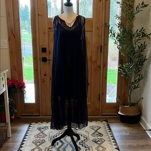 Free People Navy Blue Sheer Swiss Dot Gauze Maxi Dress Boho Oversized A-Line M